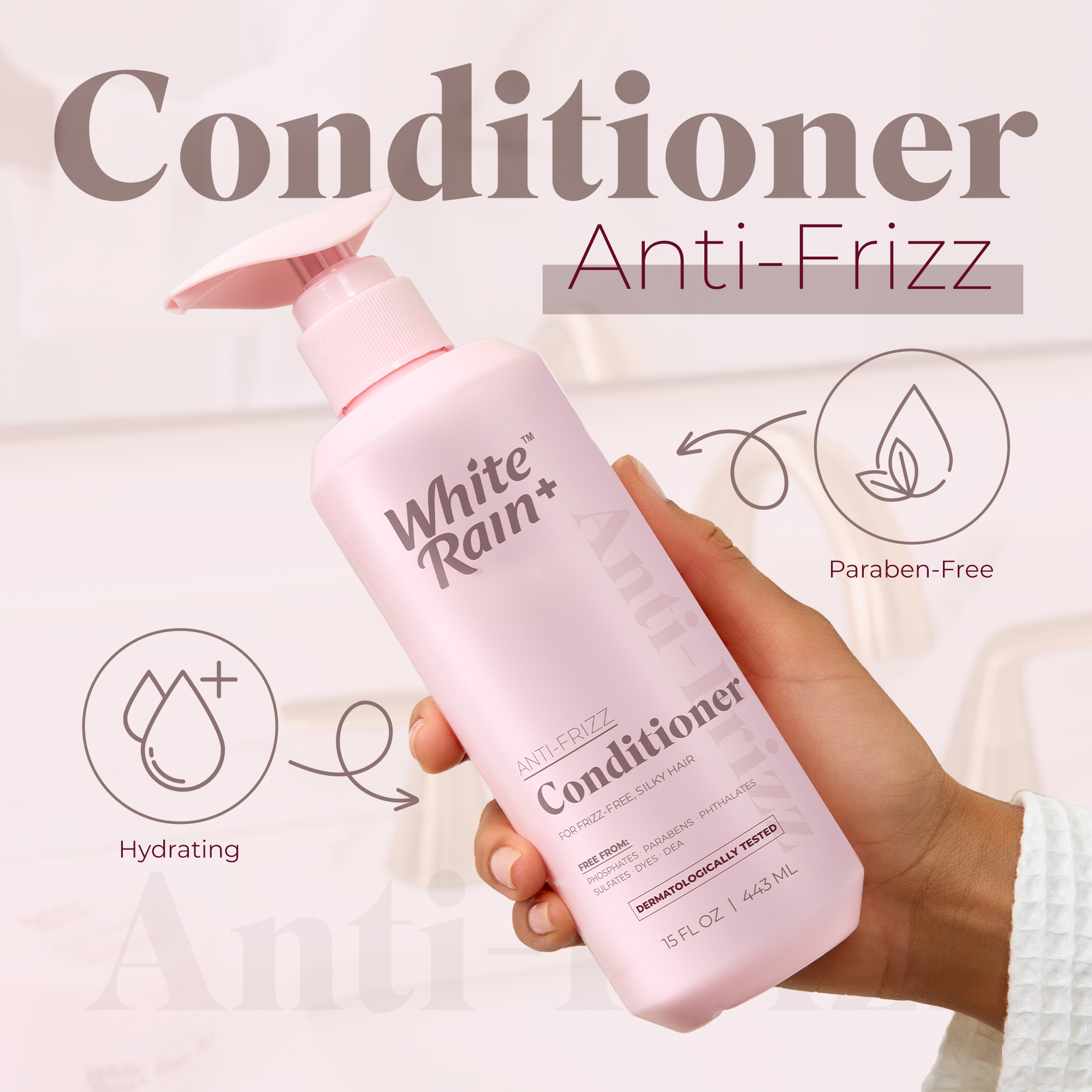 White Rain+ Anti-Frizz Conditioner for Women and Men, 15 fl oz, Pack of 2
