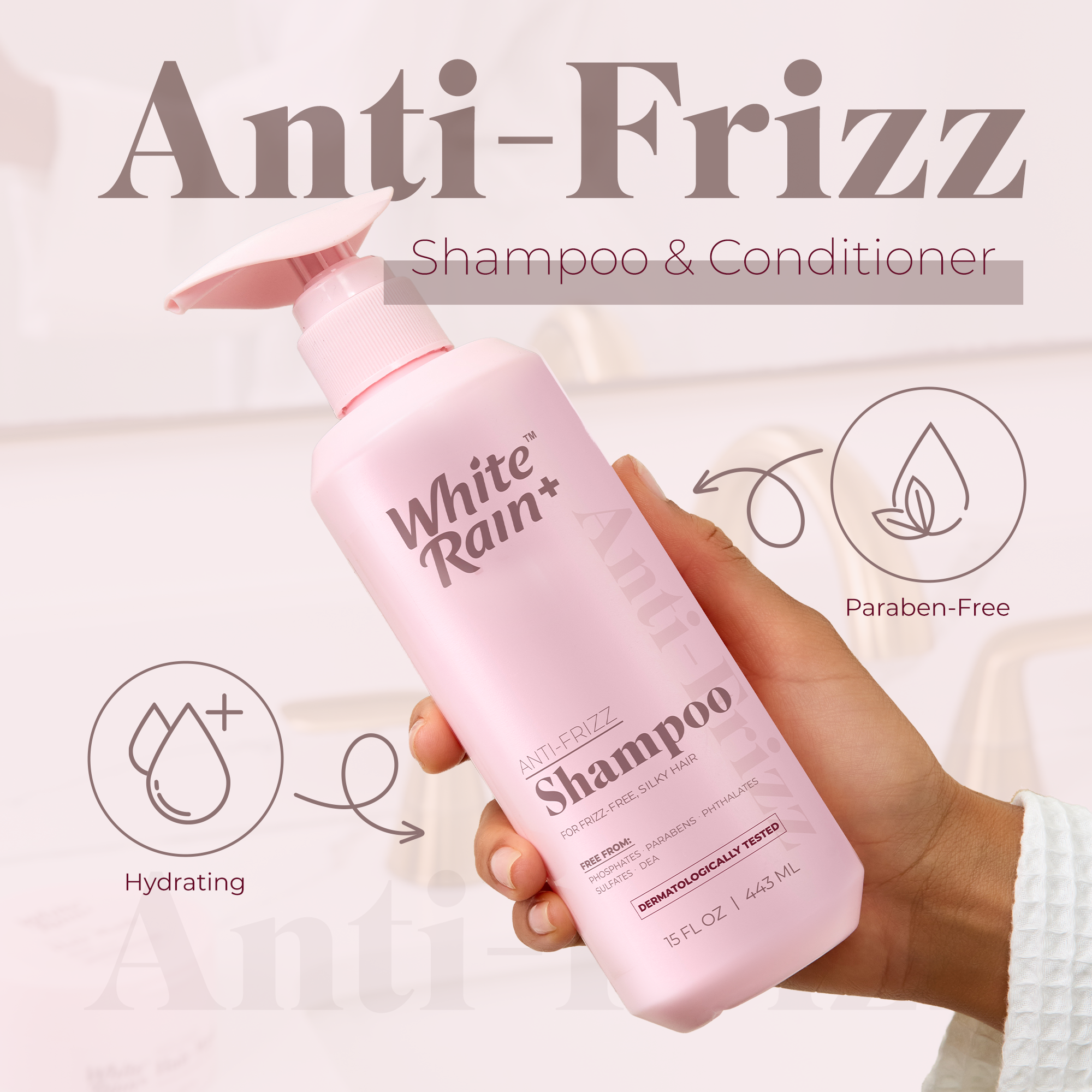 White Rain+ Anti-Frizz Shampoo and Conditioner Set for Men and Women