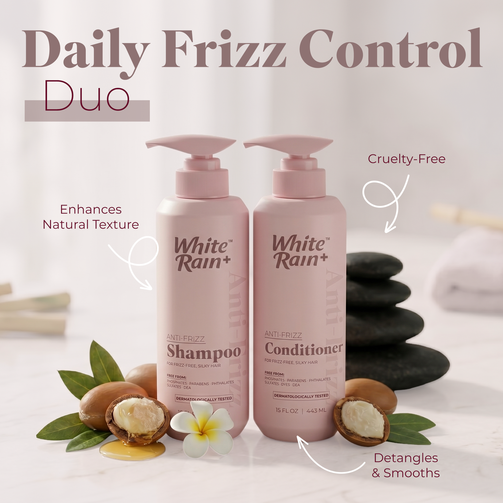 White Rain+ Anti-Frizz Shampoo and Conditioner Set for Men and Women
